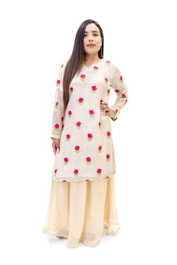 Beige Floral Embroidered Net Kurti - Shirt - Indian Pakistani Fashion